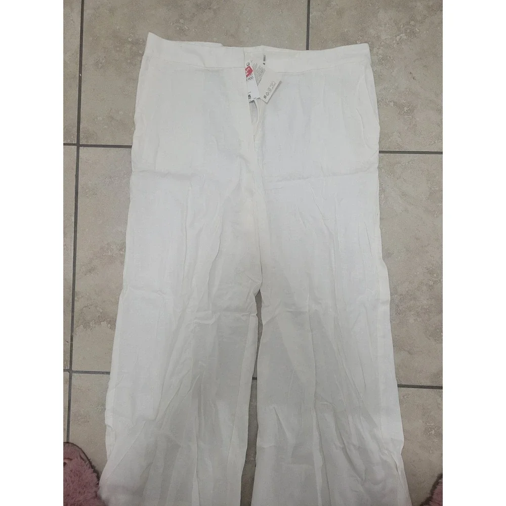 White Wide Leg Linen Blend Pants Flowy Cropped Summer Casual Trousers